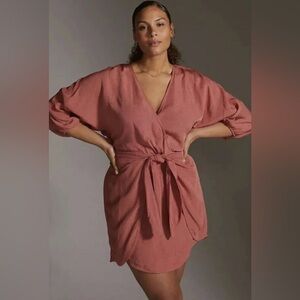 NWT Anthropologie puff sleeve tie front wrap mini dress